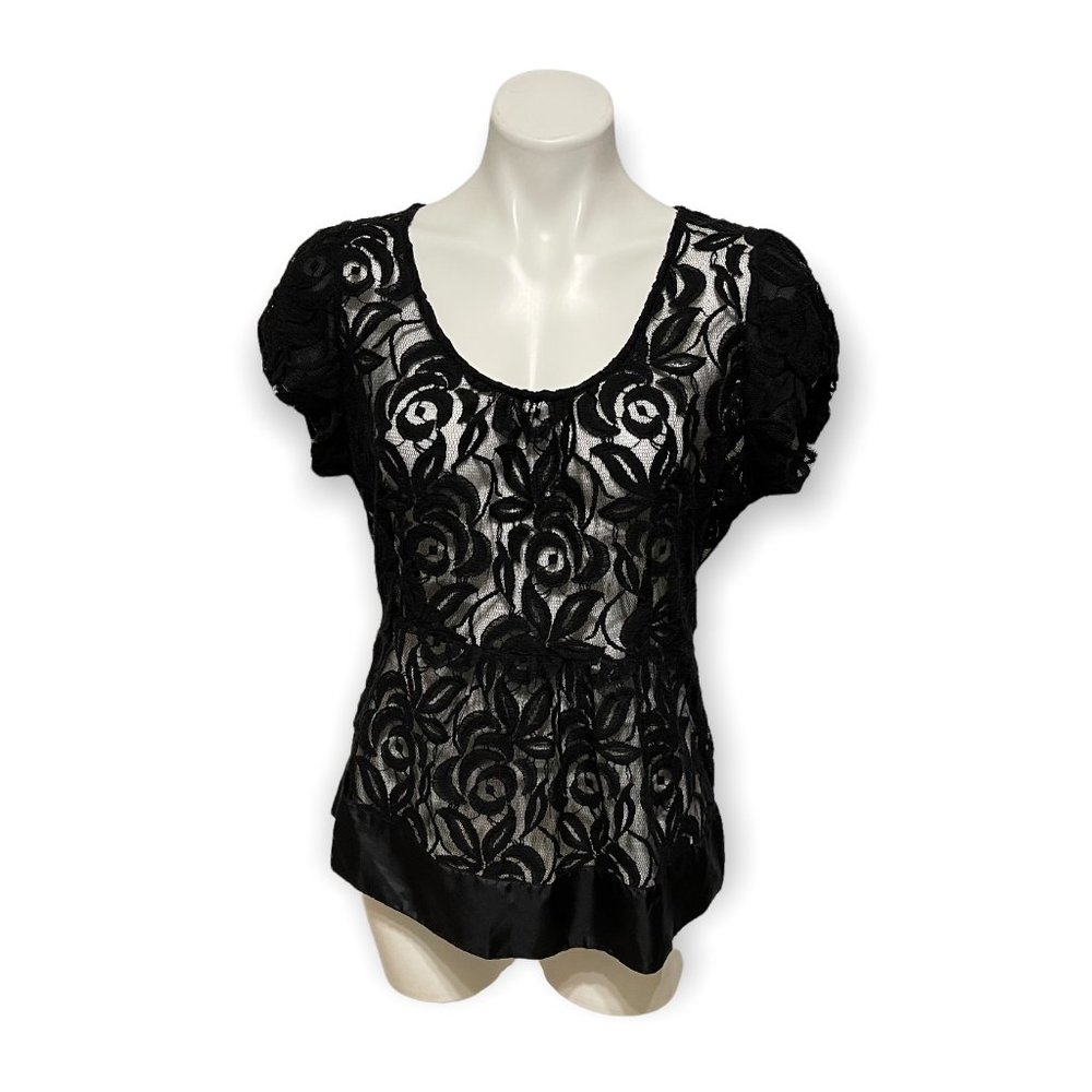 Moulinette Soeurs Anthropologie Black Scoop Neck Capped Sleeves Lace Mesh Top